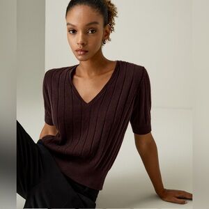Elegant V-Neck Ribbed Knit Top - Dark Brown